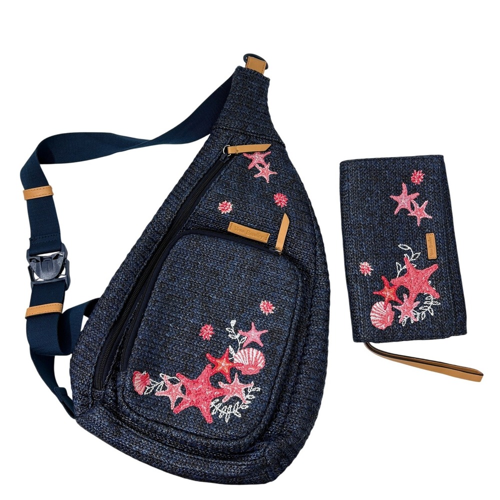 Vera Bradley Navy Straw Starfish Embroidered Sling Backpack and Wristlet Set